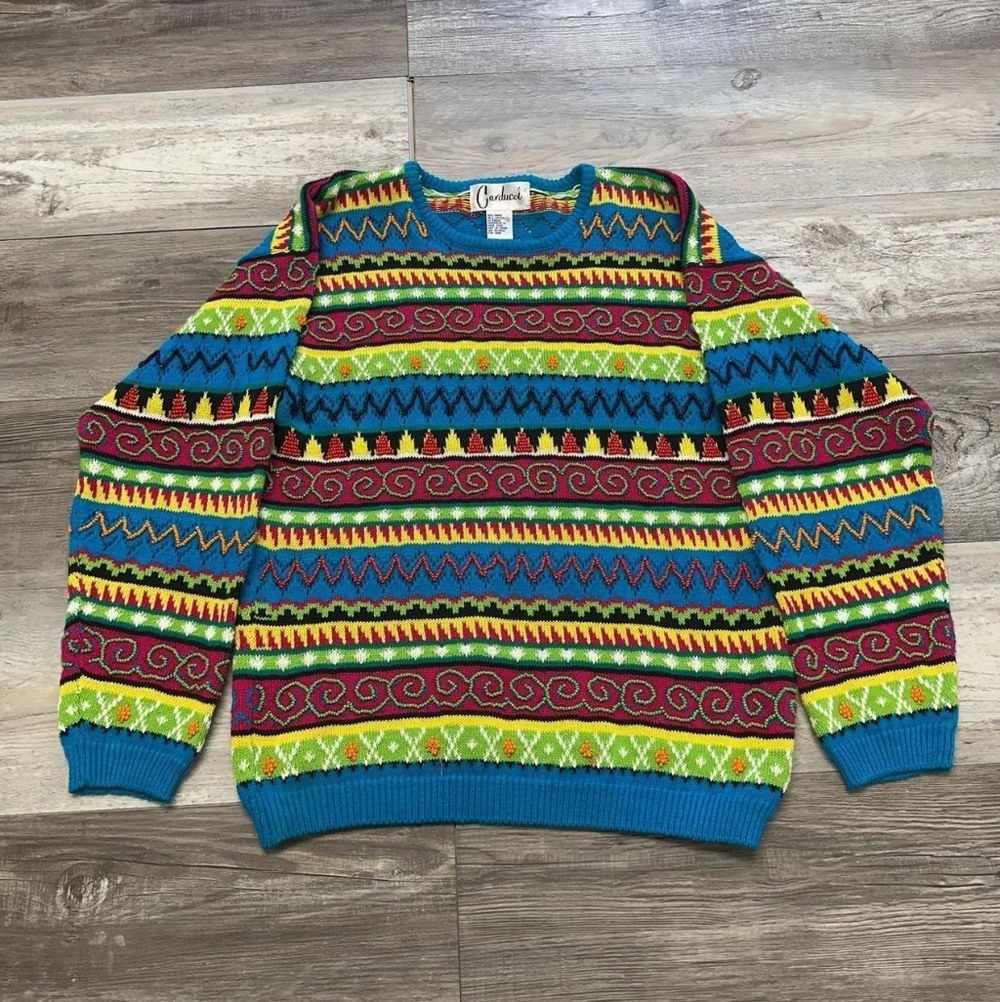 Colorful Patterned Crewneck Sweater in Blue, Red, Yellow & Green - Unknown Brand